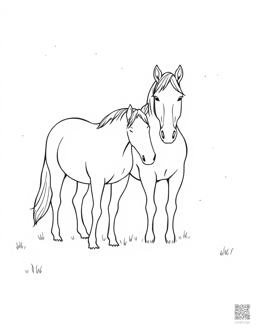 A pair of horses nuzzling in a snowy field coloring page Minimal style - free printable