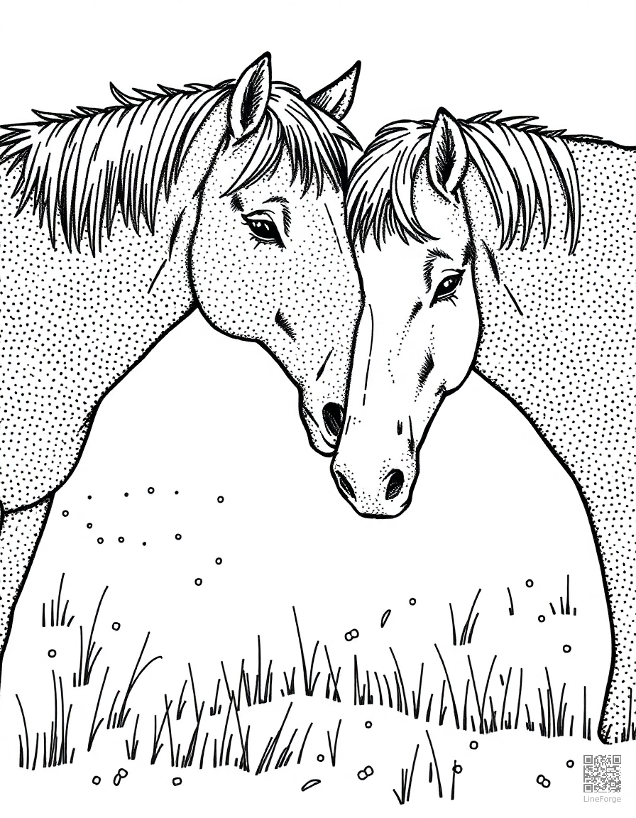 A pair of horses nuzzling in a snowy field coloring page Stipple style - free printable