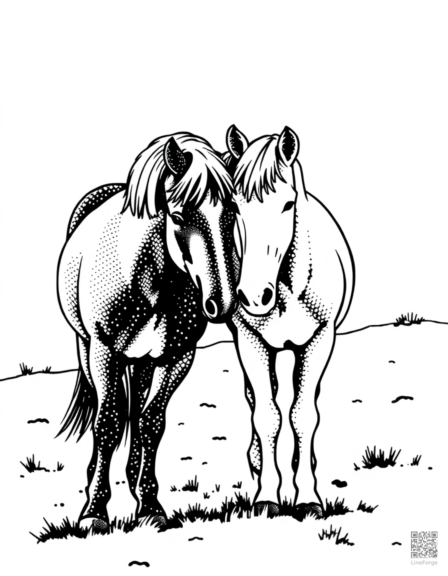 A pair of horses nuzzling in a snowy field coloring page Stipple style - free printable