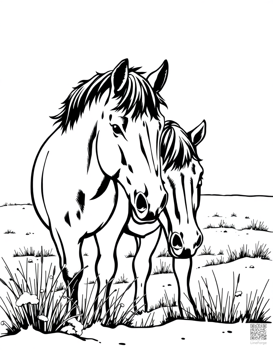 A pair of horses nuzzling in a snowy field coloring page Woodcut style - free printable