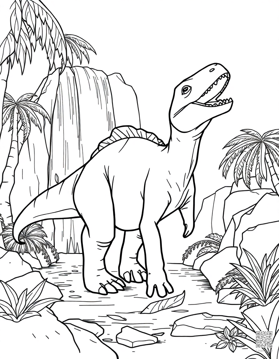 A parasaurolophus calling near a waterfall coloring page Contour style - free printable