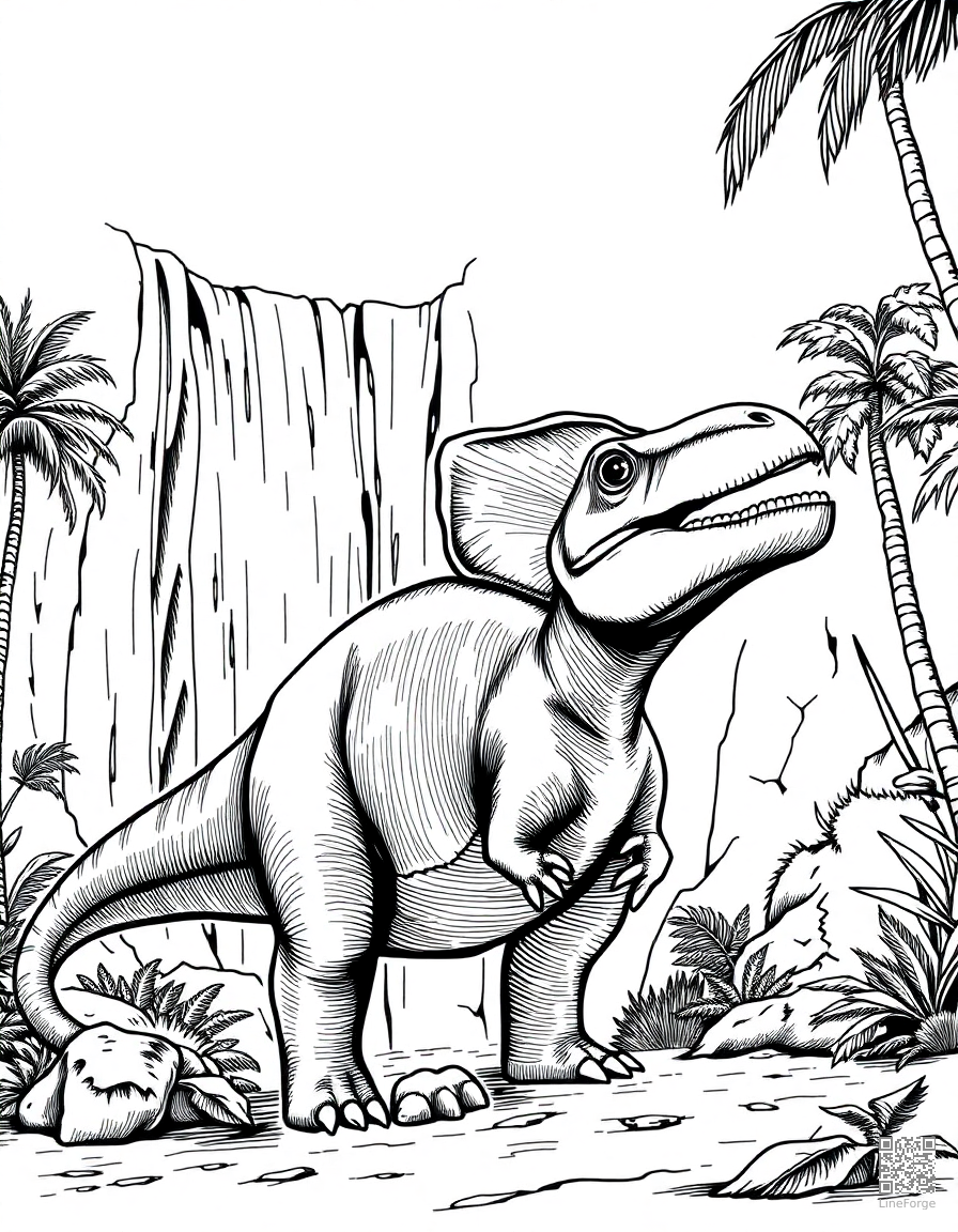 A parasaurolophus calling near a waterfall coloring page Crosshatch style free printable