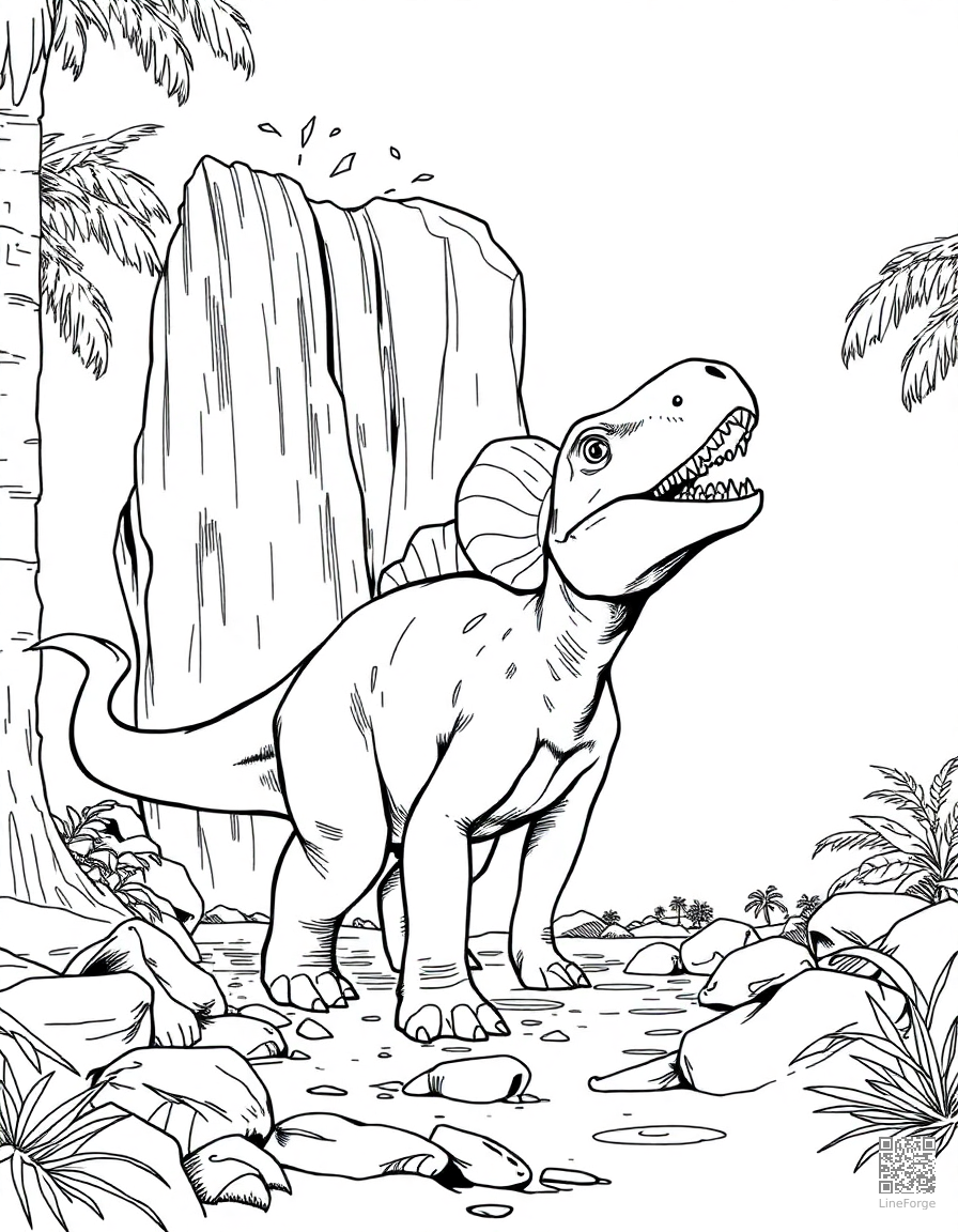 A parasaurolophus calling near a waterfall coloring page Manga style free printable