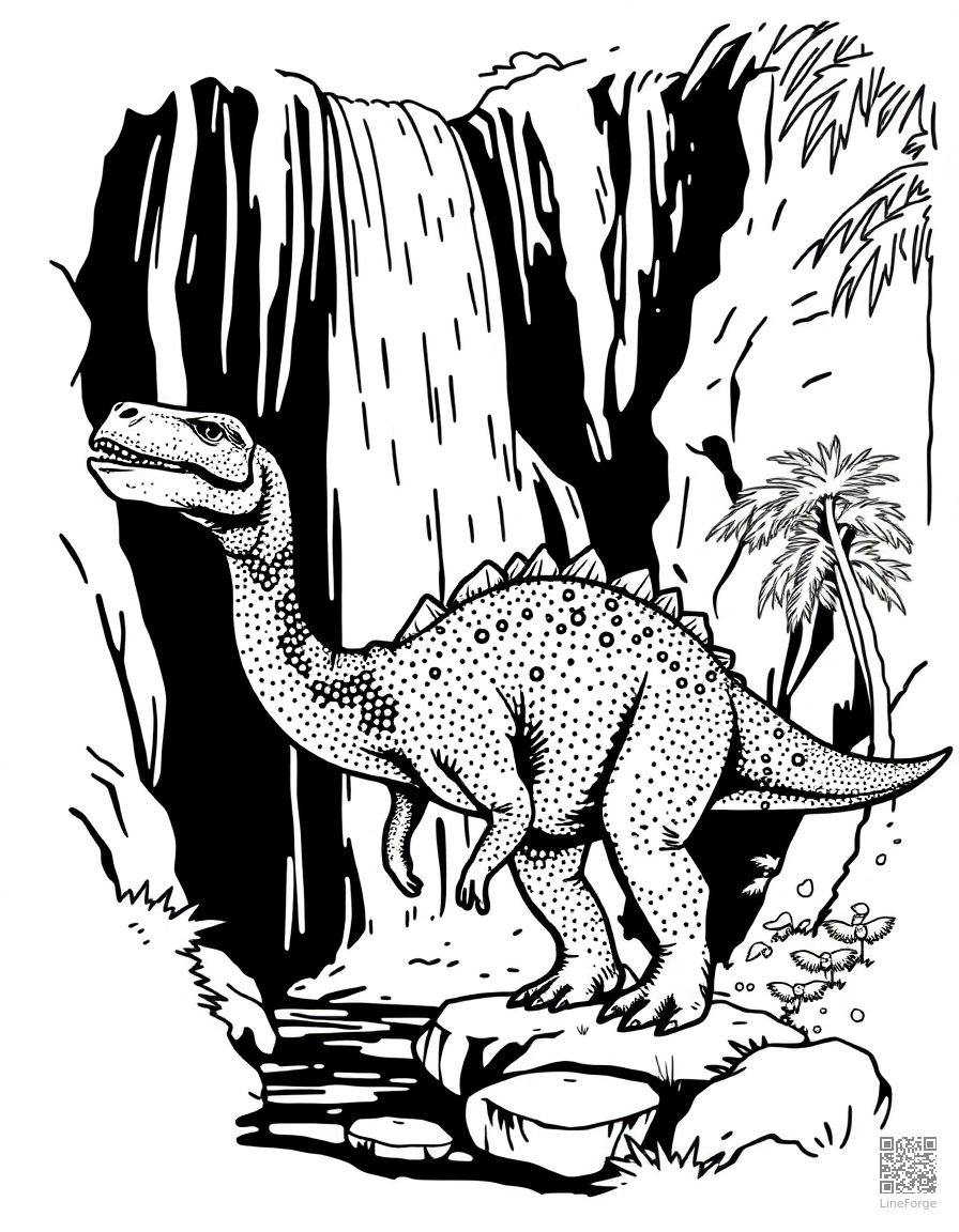 A parasaurolophus calling near a waterfall coloring page Stipple style free printable
