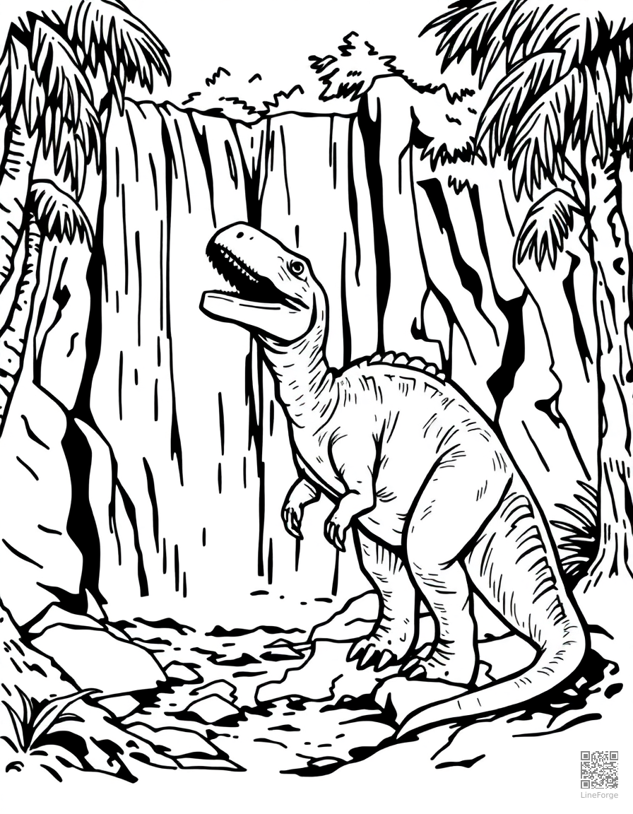 A parasaurolophus calling near a waterfall coloring page Woodcut style free printable