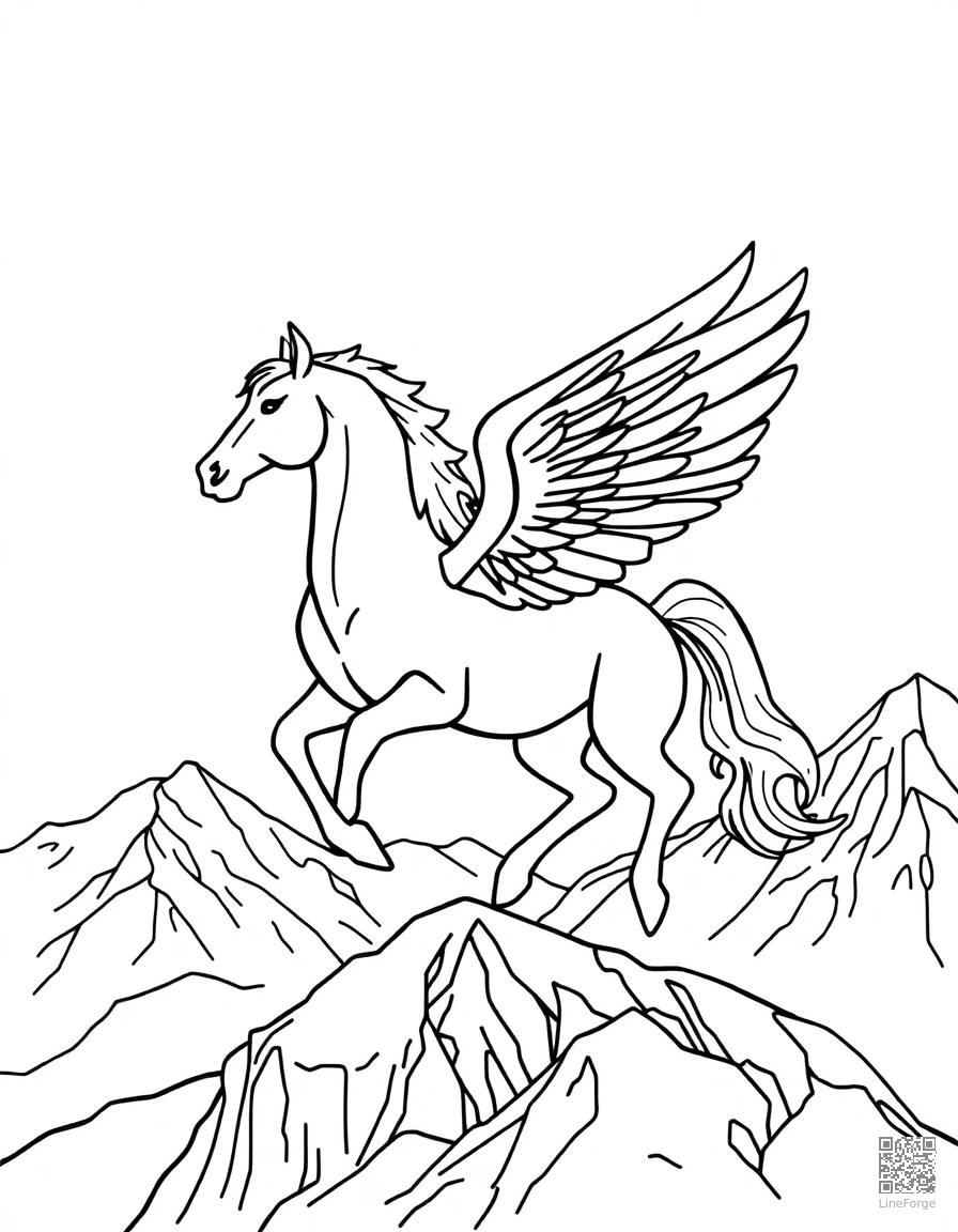 A pegasus horse with wings soaring over mountains coloring page Contour style - free printable