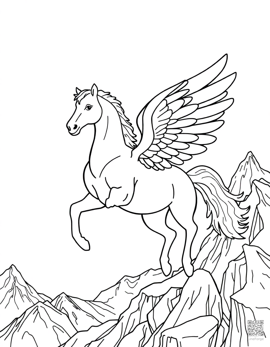 A pegasus horse with wings soaring over mountains coloring page Contour style - free printable