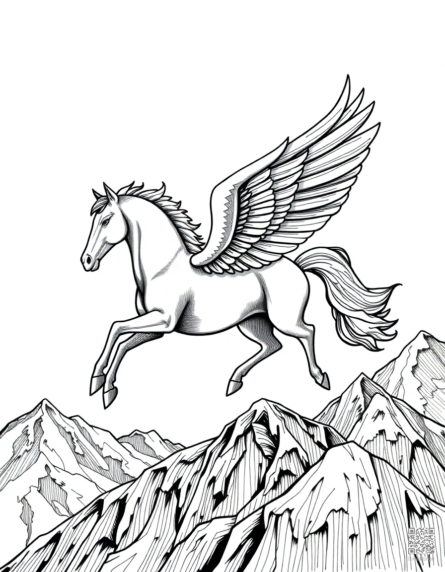 A pegasus horse with wings soaring over mountains coloring page Crosshatch style free printable