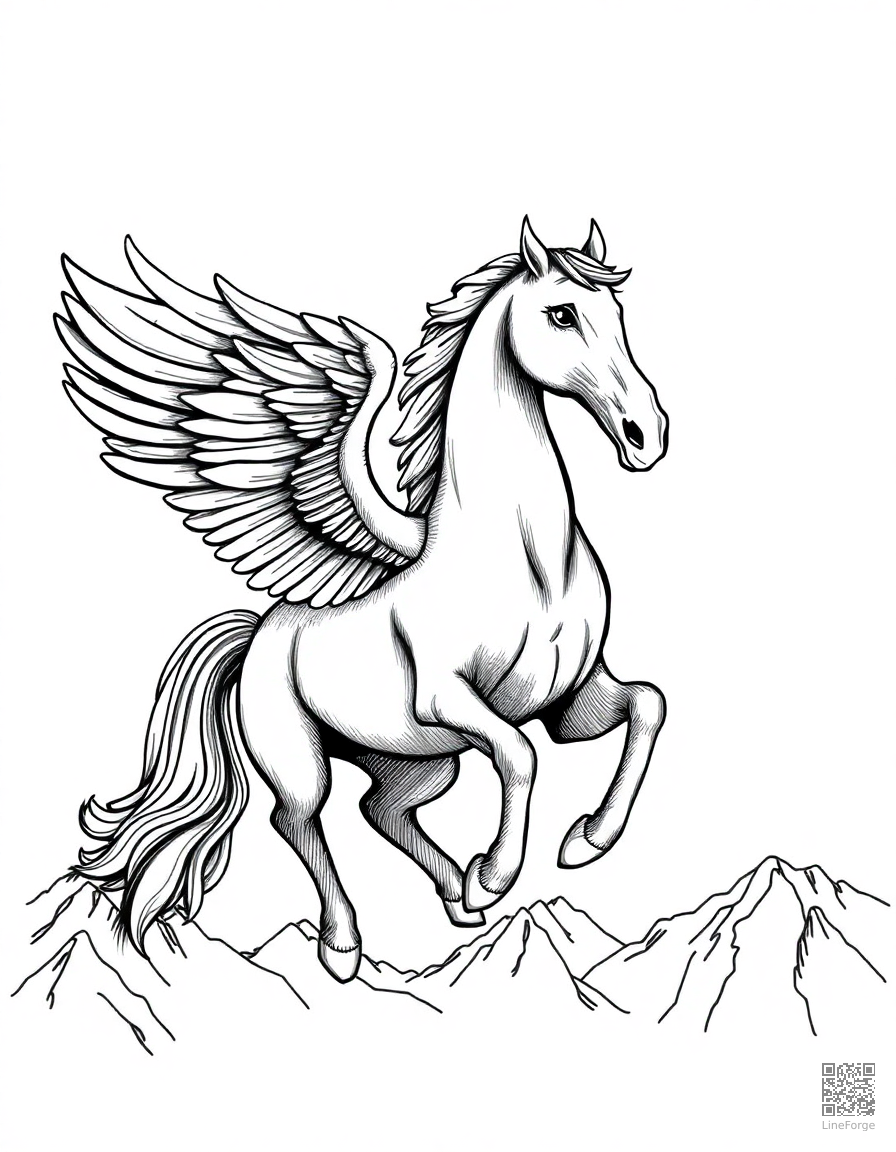 A pegasus horse with wings soaring over mountains coloring page Crosshatch style free printable