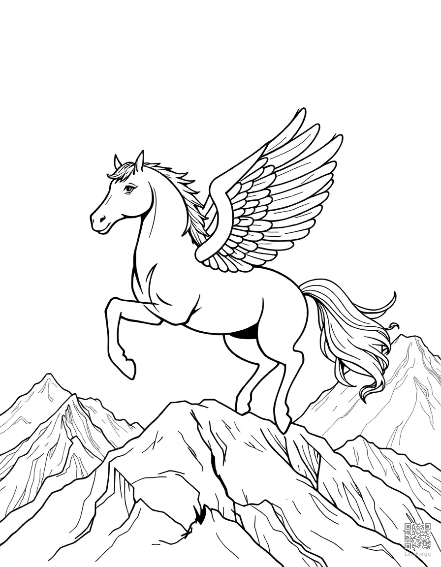 A pegasus horse with wings soaring over mountains coloring page Manga style - free printable