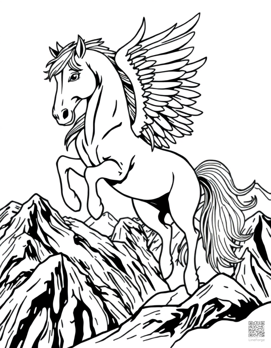 A pegasus horse with wings soaring over mountains coloring page Manga style - free printable