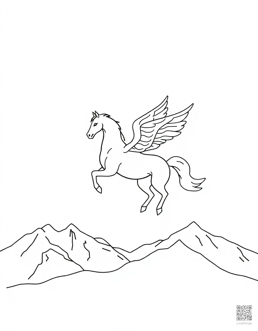 Free a pegasus horse with wings soaring over mountains coloring page in minimal style — printable line art