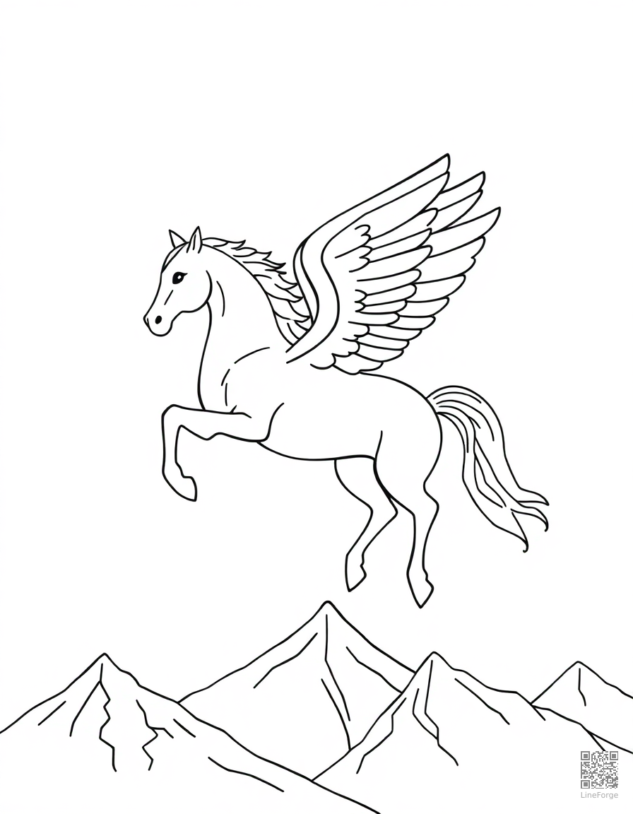 Free a pegasus horse with wings soaring over mountains coloring page in minimal style — printable line art