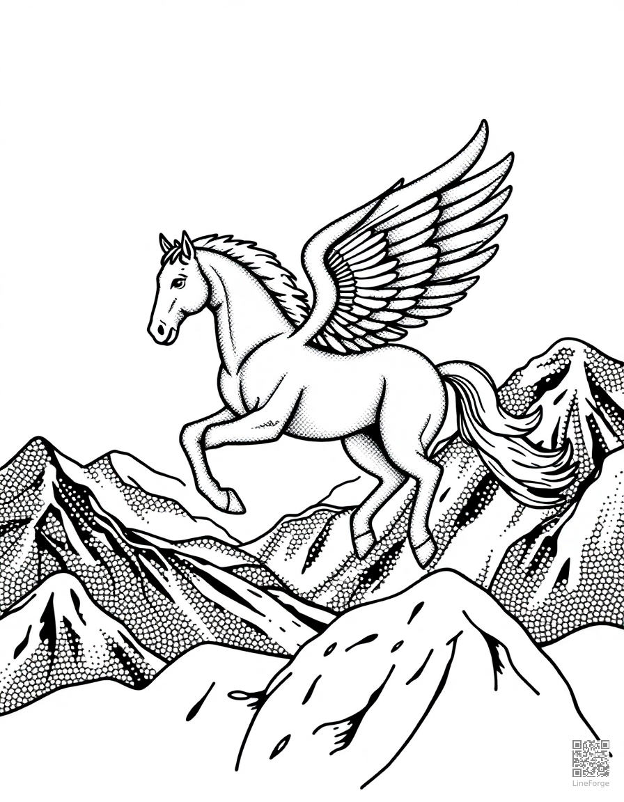 A pegasus horse with wings soaring over mountains coloring page Stipple style free printable