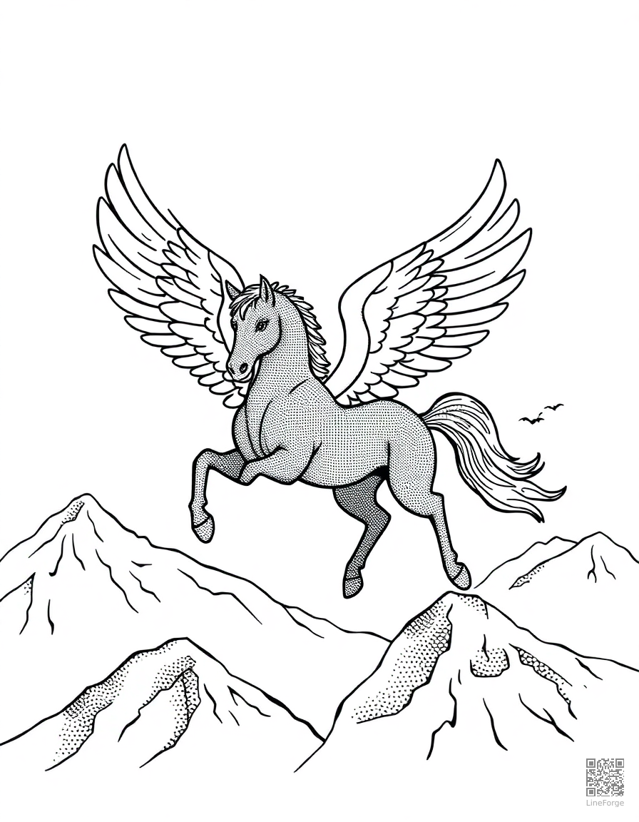 A pegasus horse with wings soaring over mountains coloring page Stipple style free printable