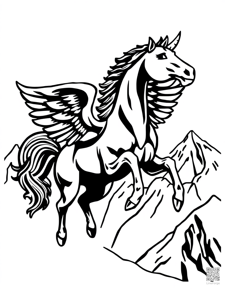 A pegasus horse with wings soaring over mountains coloring page Woodcut style - free printable
