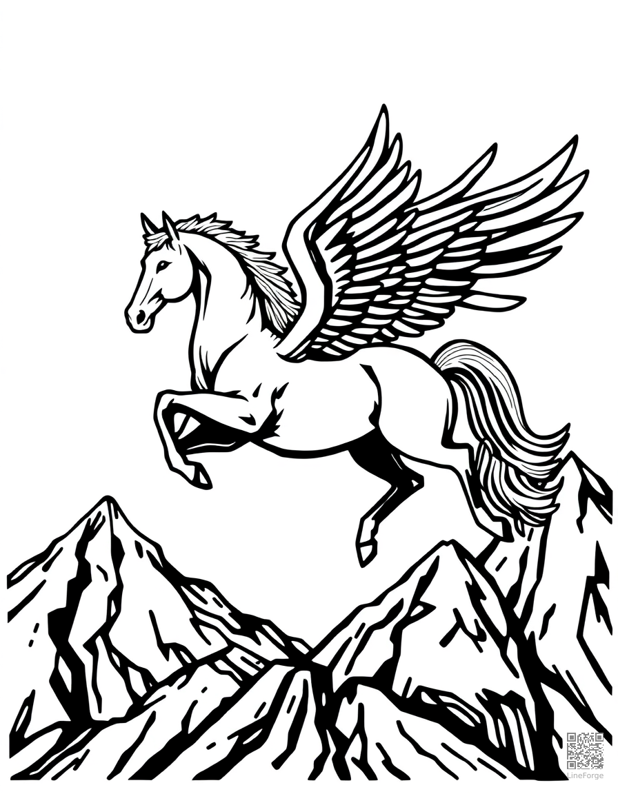 A pegasus horse with wings soaring over mountains coloring page Woodcut style - free printable