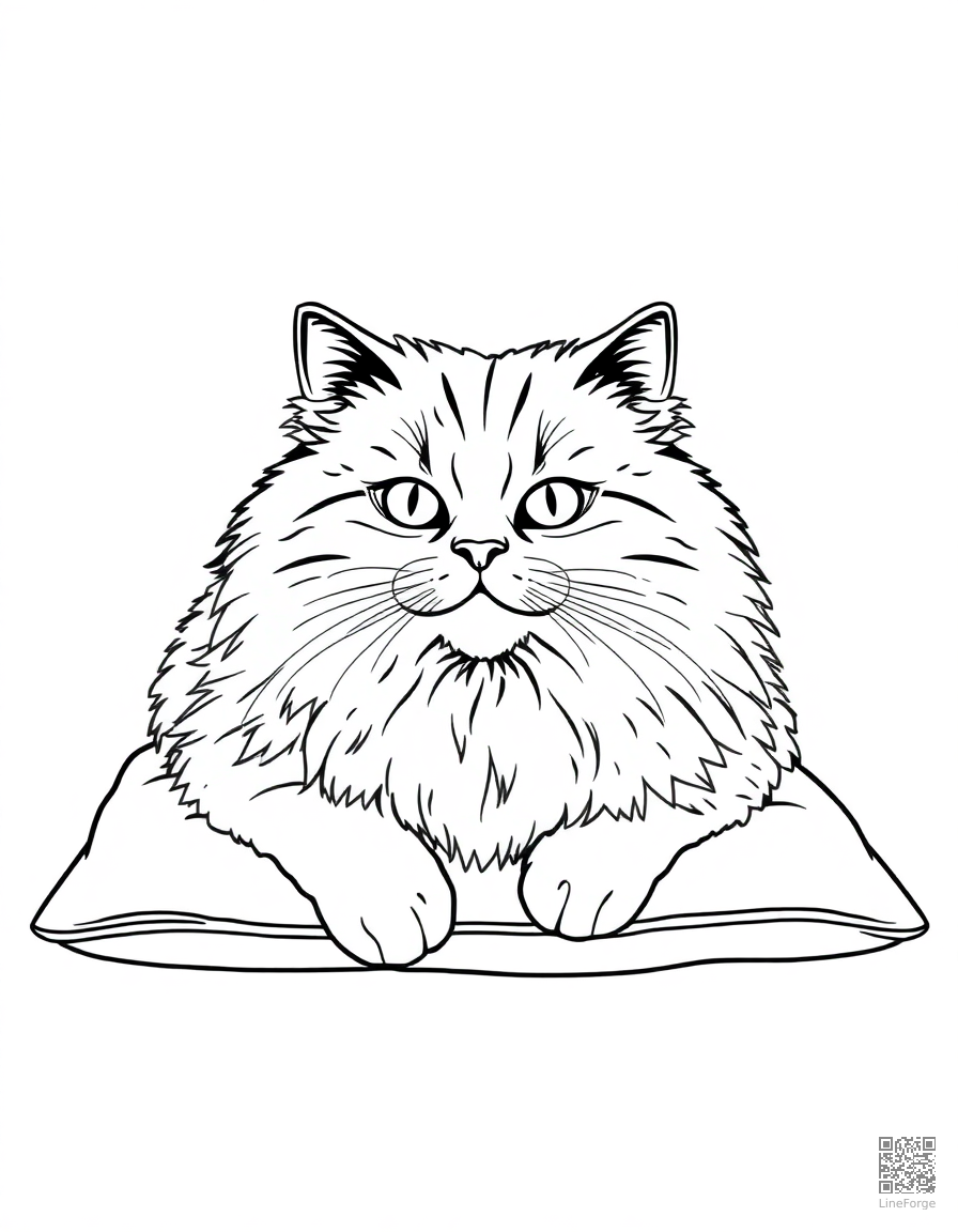 A persian cat with fluffy fur lying on a cushion coloring page Contour style - free printable