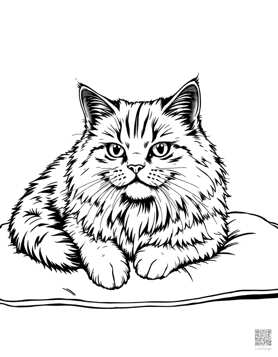 A persian cat with fluffy fur lying on a cushion coloring page Crosshatch style - free printable