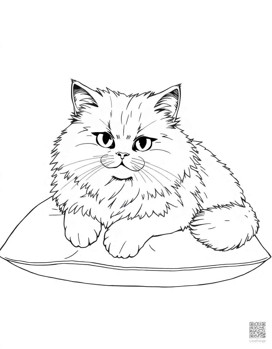 A persian cat with fluffy fur lying on a cushion coloring page Manga style - free printable