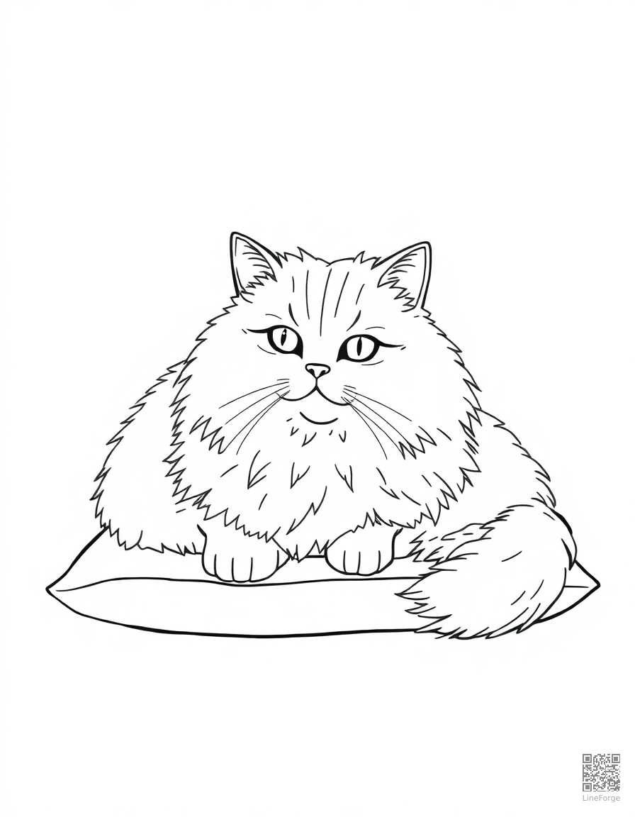 A persian cat with fluffy fur lying on a cushion coloring page Minimal style - free printable