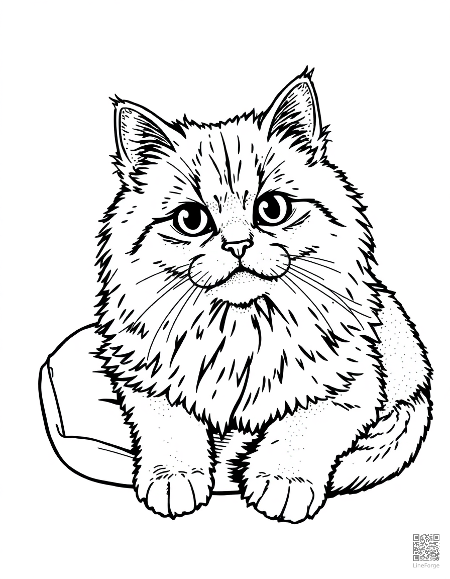 A persian cat with fluffy fur lying on a cushion coloring page Stipple style - free printable