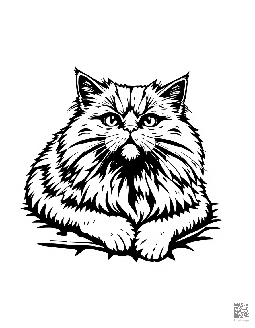 A persian cat with fluffy fur lying on a cushion coloring page Woodcut style - free printable