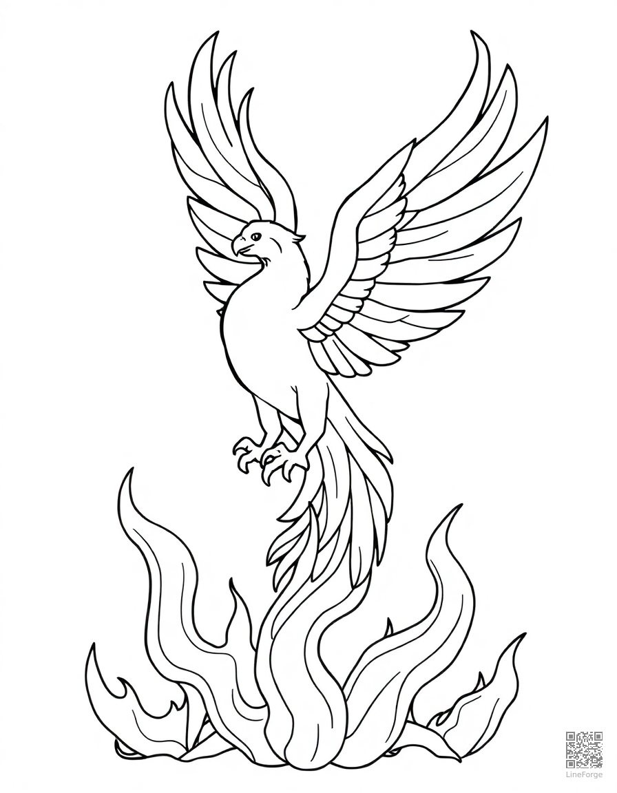 A phoenix rising from flames with spread wings coloring page Contour style - free printable