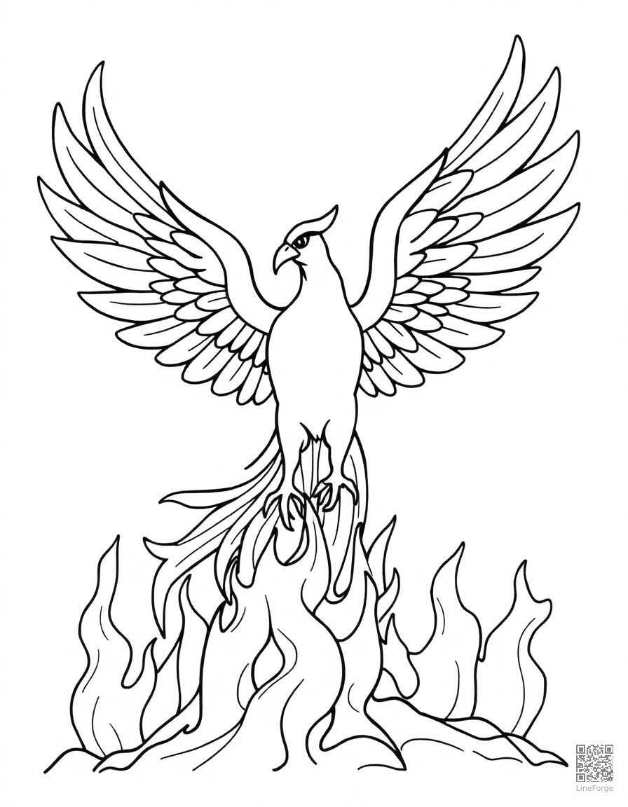 A phoenix rising from flames with spread wings coloring page Contour style - free printable