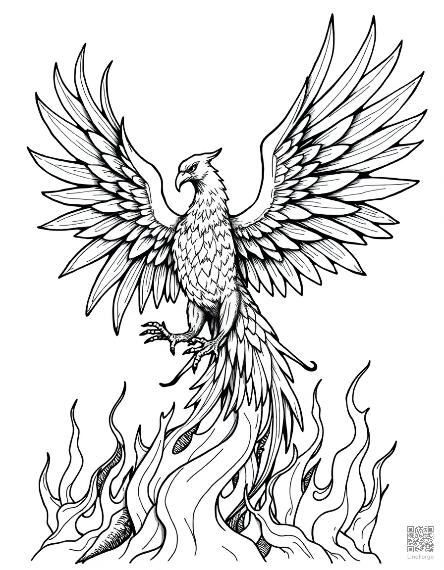 A phoenix rising from flames with spread wings coloring page Crosshatch style - free printable