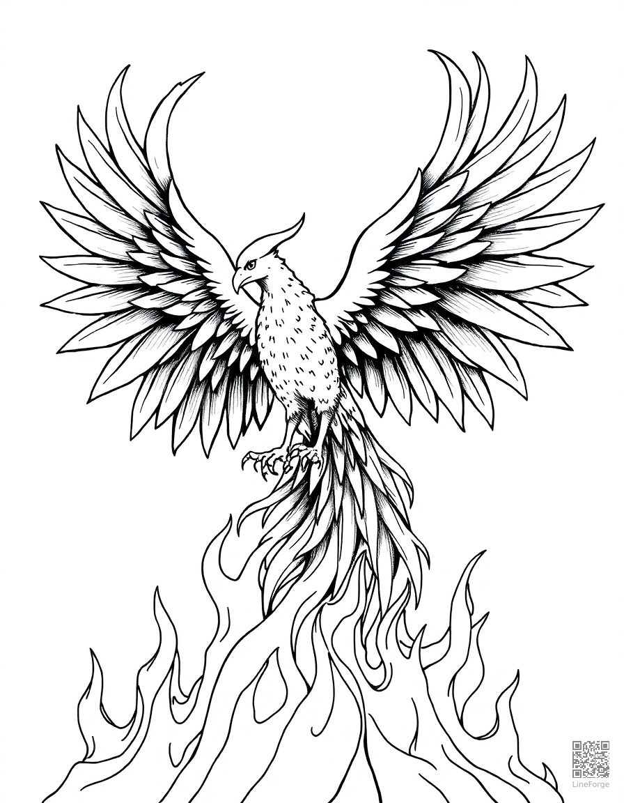 A phoenix rising from flames with spread wings coloring page Crosshatch style - free printable
