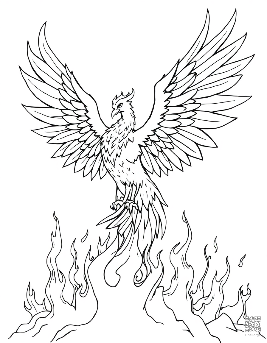 A phoenix rising from flames with spread wings coloring page Manga style - free printable