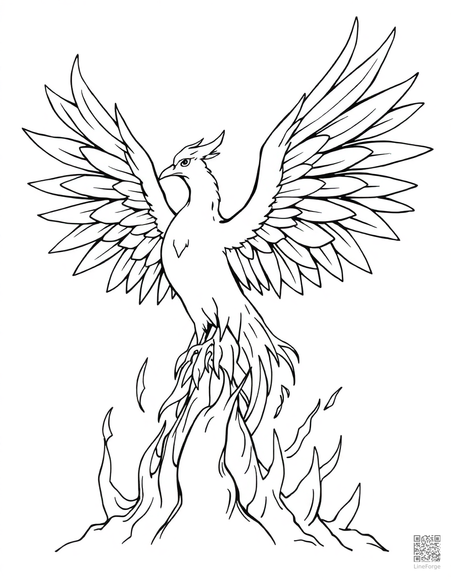 A phoenix rising from flames with spread wings coloring page Manga style - free printable