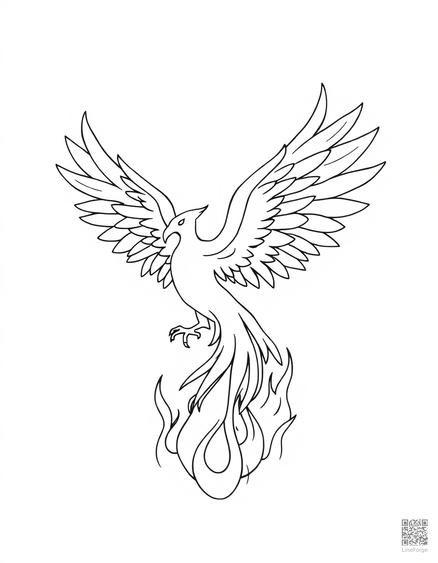 A phoenix rising from flames with spread wings coloring page Minimal style - free printable