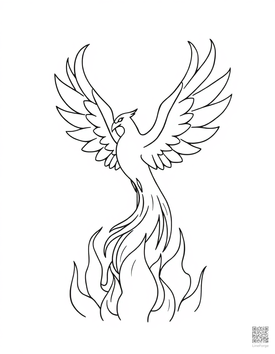 A phoenix rising from flames with spread wings coloring page Minimal style - free printable