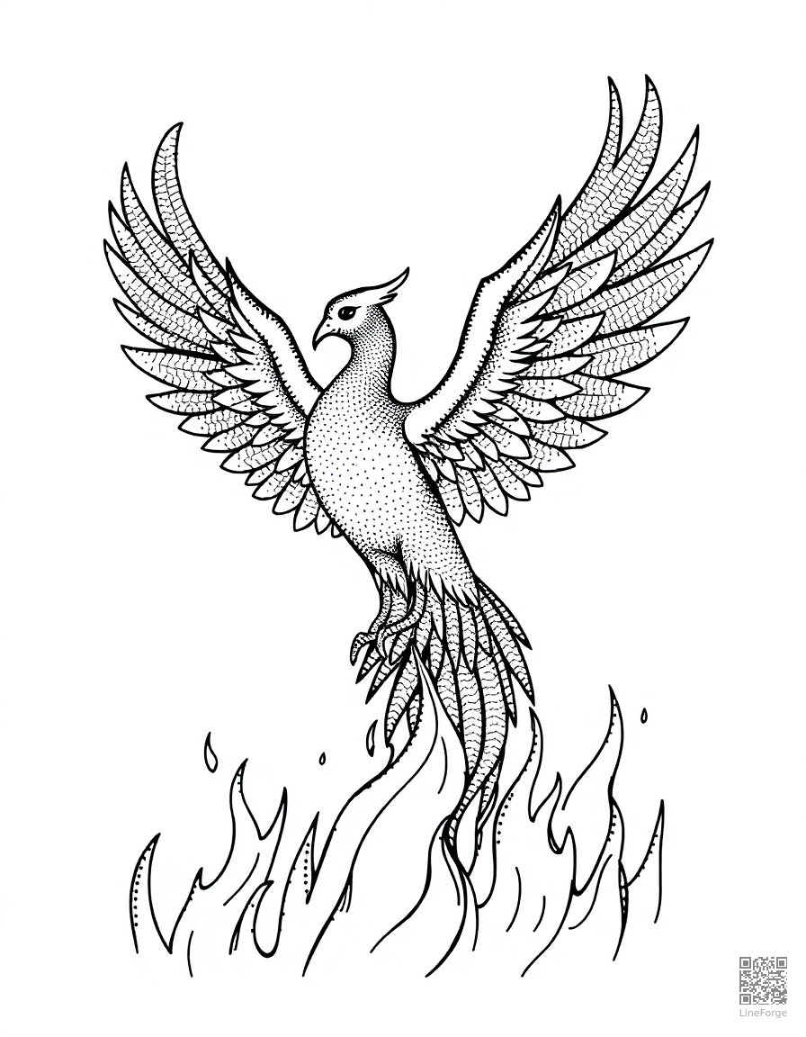 A phoenix rising from flames with spread wings coloring page Stipple style - free printable