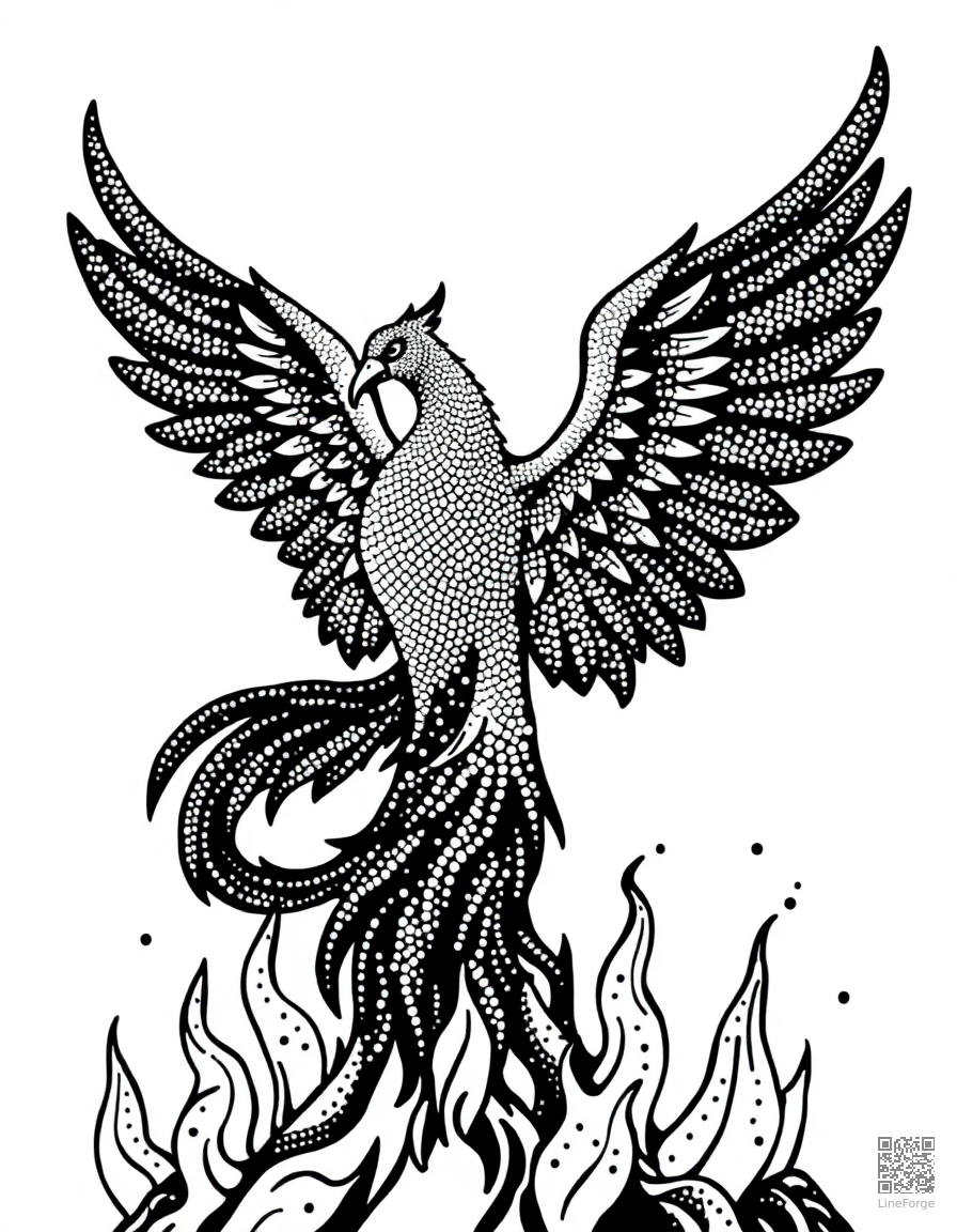 A phoenix rising from flames with spread wings coloring page Stipple style - free printable