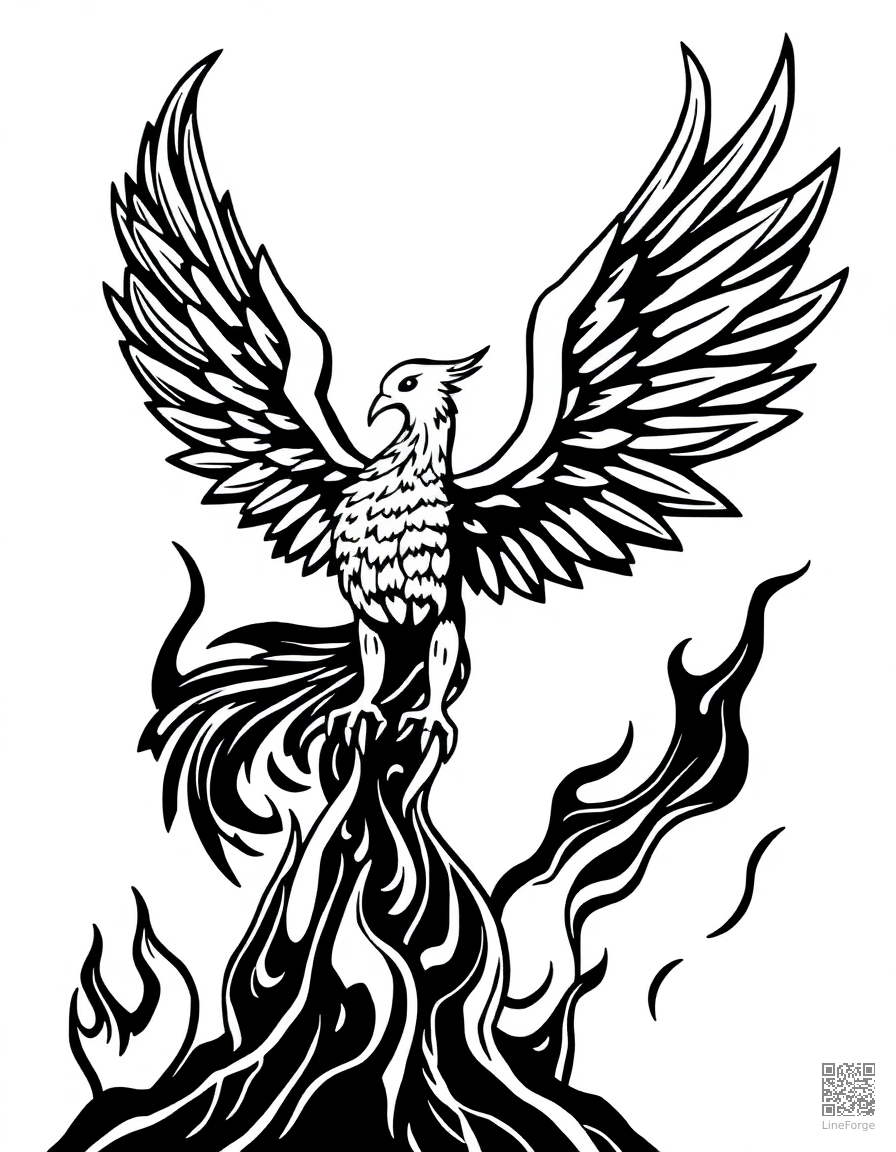 A phoenix rising from flames with spread wings coloring page Woodcut style - free printable
