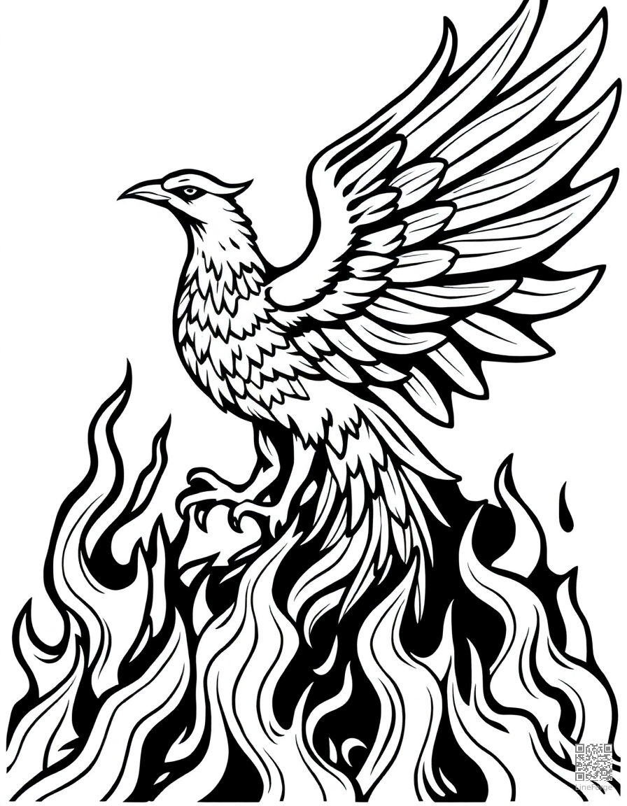A phoenix rising from flames with spread wings coloring page Woodcut style - free printable