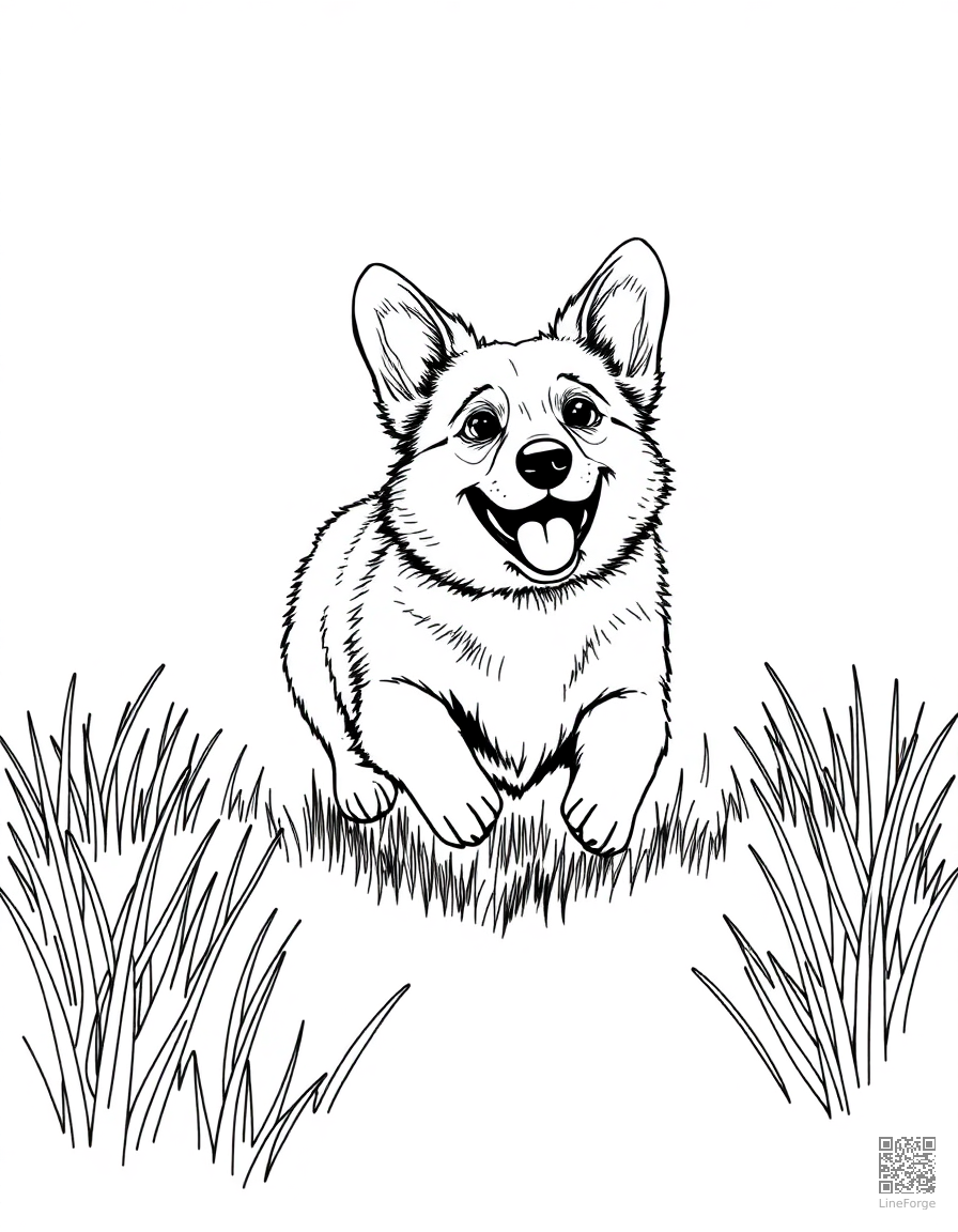A playful corgi running through a meadow coloring page Crosshatch style - free printable