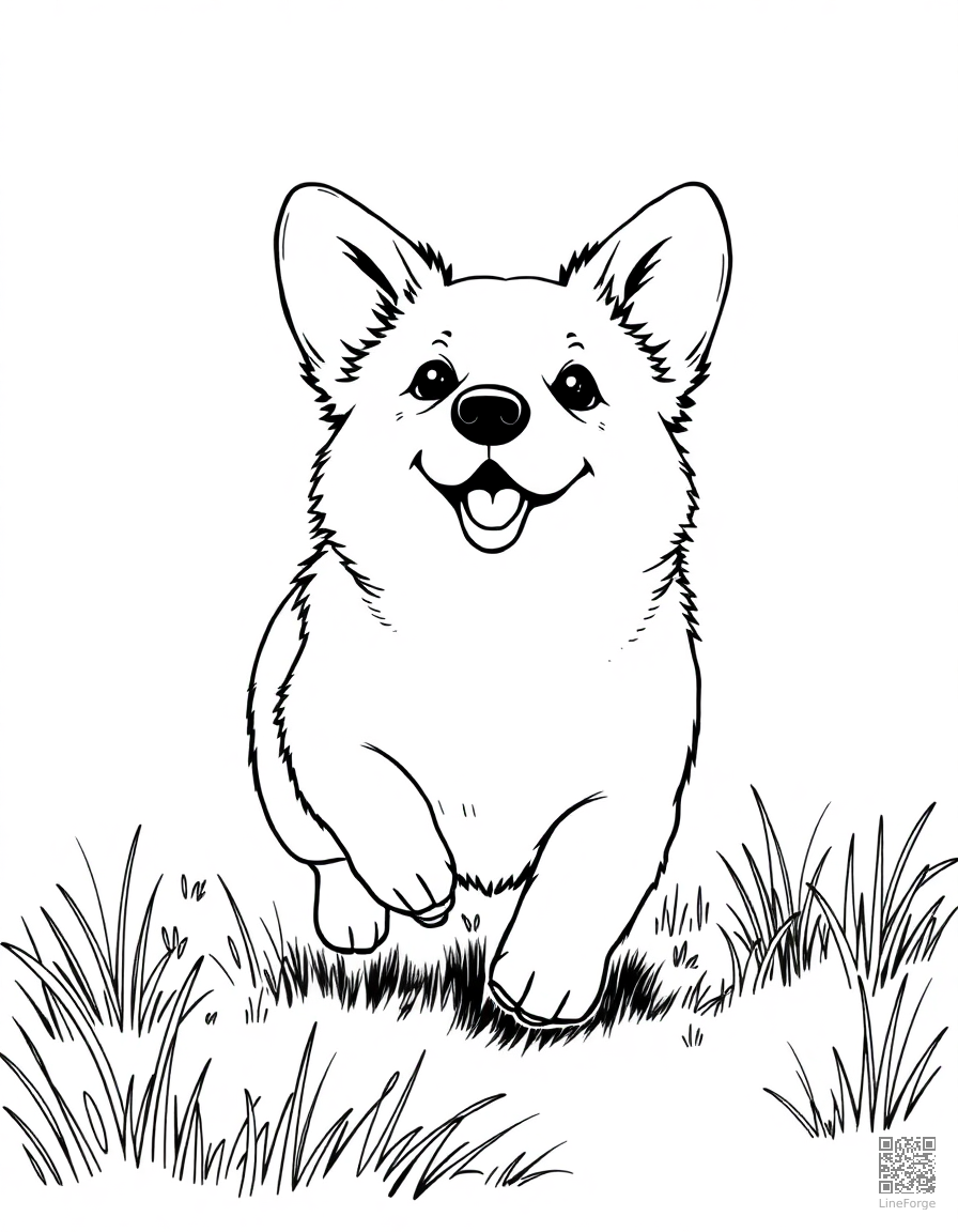 A playful corgi running through a meadow coloring page Manga style - free printable