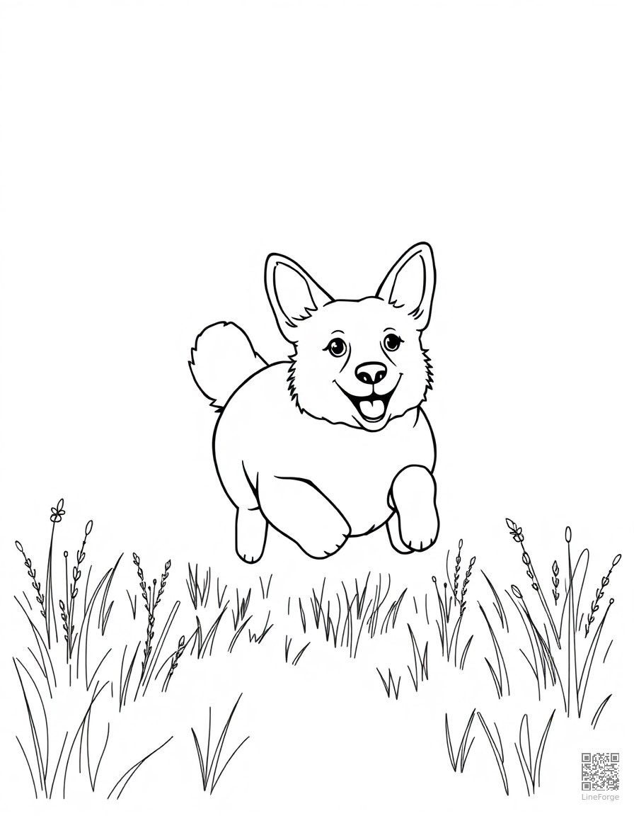 A playful corgi running through a meadow coloring page Minimal style - free printable