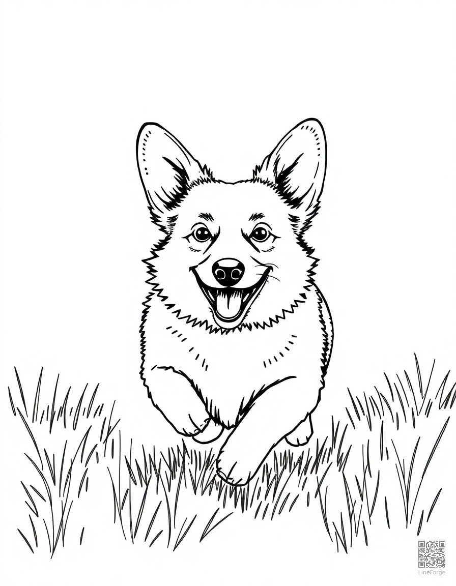 A playful corgi running through a meadow coloring page Stipple style - free printable