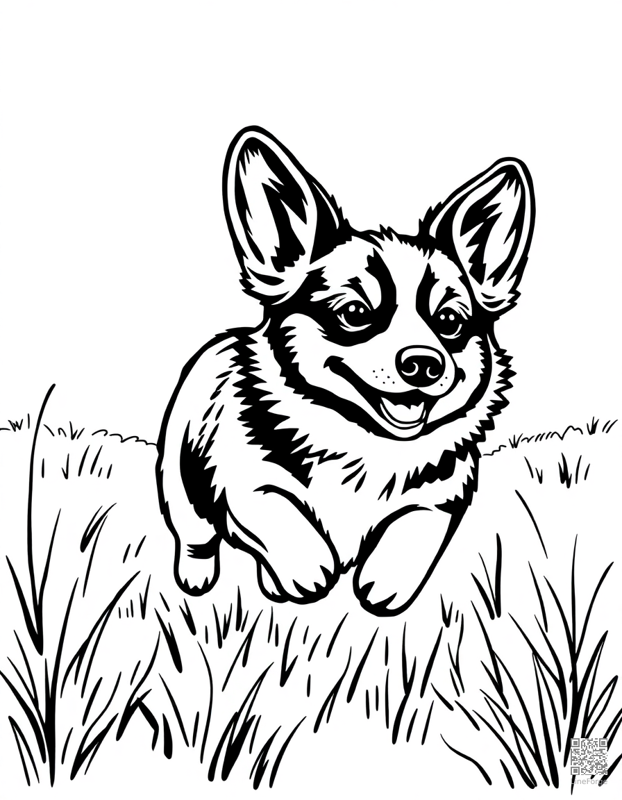 A playful corgi running through a meadow coloring page Woodcut style - free printable