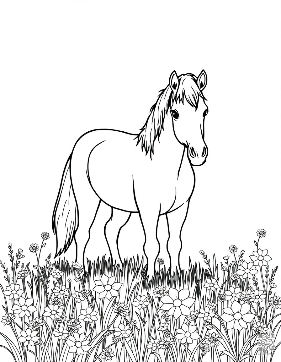 A pony standing in a field of wildflowers coloring page Contour style free printable