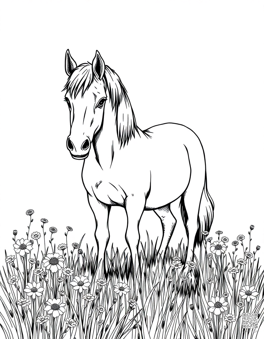 A pony standing in a field of wildflowers coloring page Crosshatch style free printable