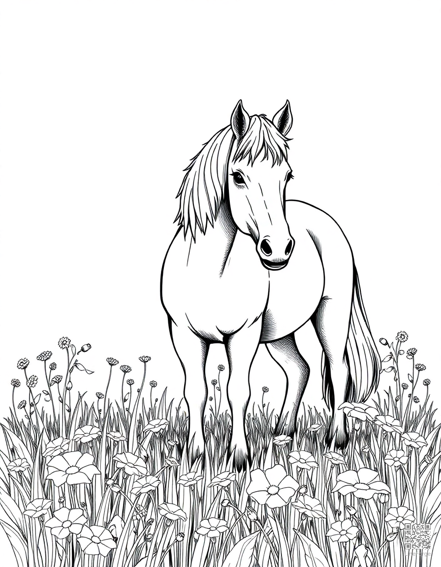 A pony standing in a field of wildflowers coloring page Crosshatch style free printable