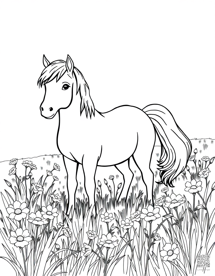 A pony standing in a field of wildflowers coloring page Manga style - free printable