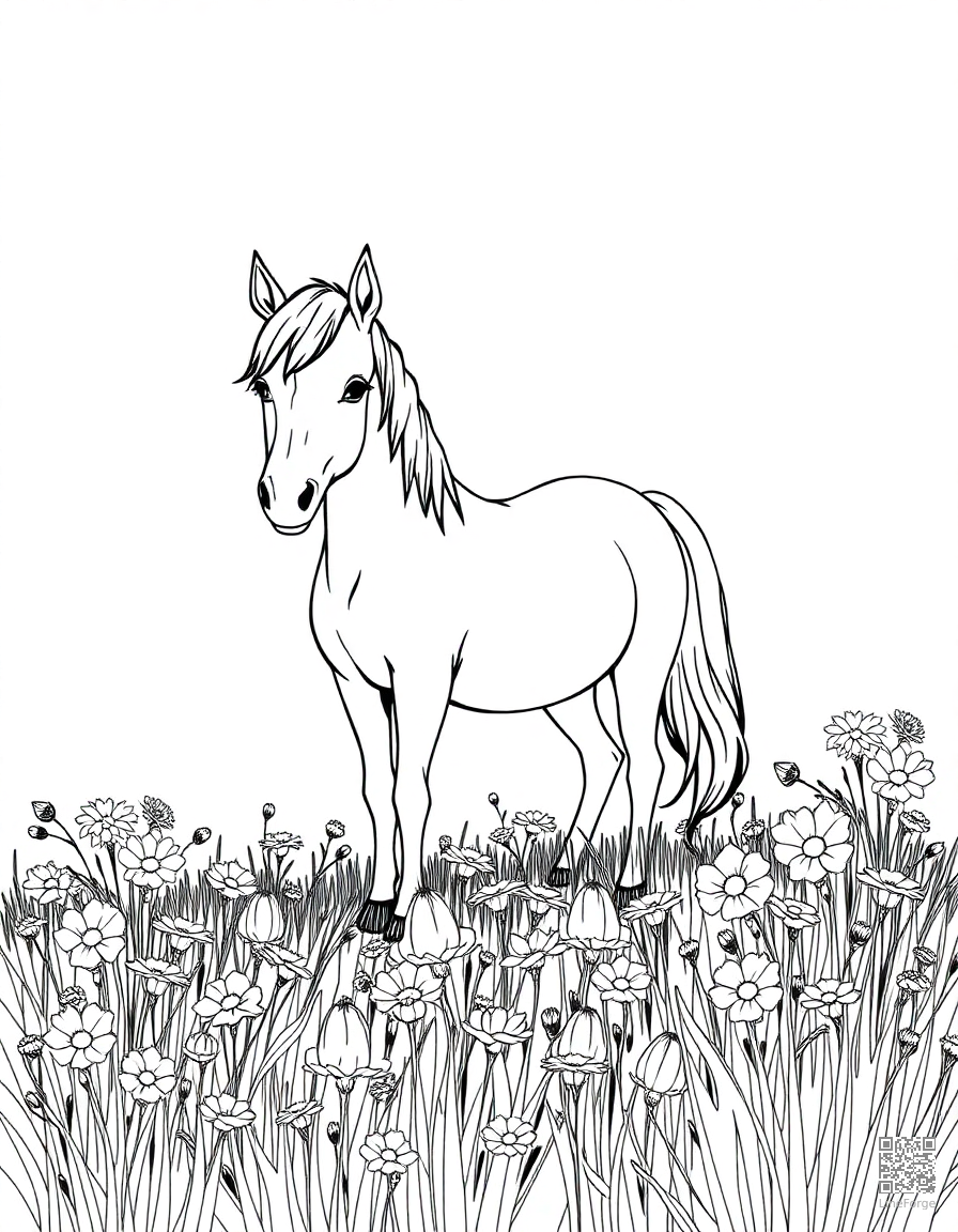 A pony standing in a field of wildflowers coloring page Manga style - free printable