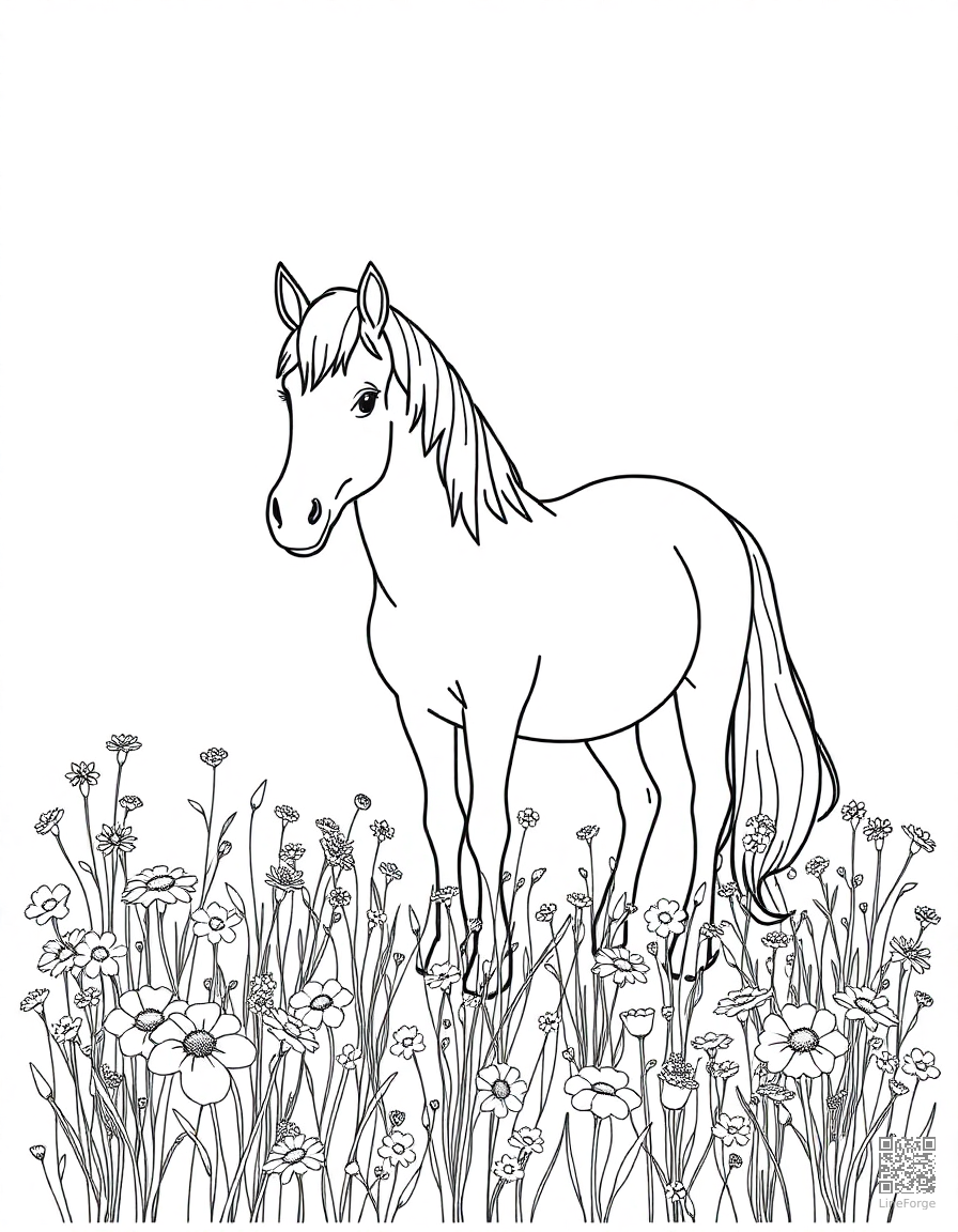 A pony standing in a field of wildflowers coloring page Minimal style free printable
